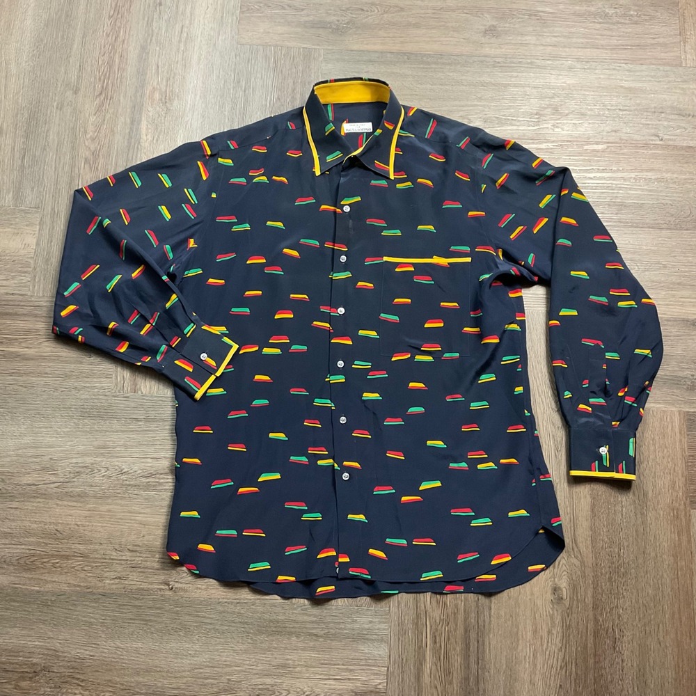 Vintage Maus & Hoffman Shirt Mens Medium Navy Yellow Italy 100% Silk Abstract